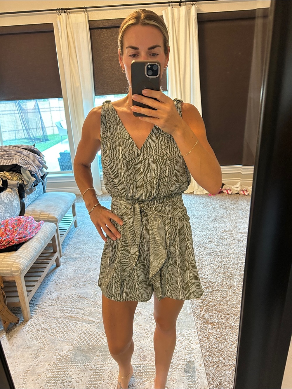 Entro Olive Green Striped V-Neck Romper
